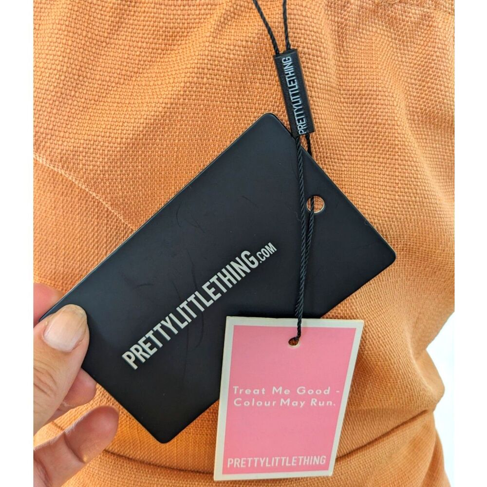 NWT PrettyLittleThing Orange Textured Woven Extreme V Bar Halter Bodycon Dress/6 - Picture 7 of 7